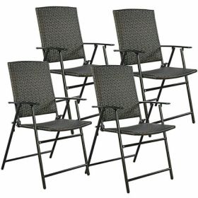 Outdoor Beach & Garden Lawn Chairs Set Of 4 Rattan Utility Folding Chair (Color: Brown, Material: Rattan And Steel)