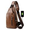 Men Chest Bag PU Leather Sling Fanny Pack Shoulder Backpack w USB Charging Port