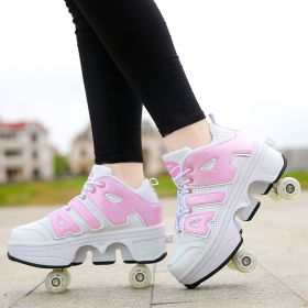 Boys And Girls Double Wheel Row Sneakers Can Be Put Away (Option: 1208Pink-34)